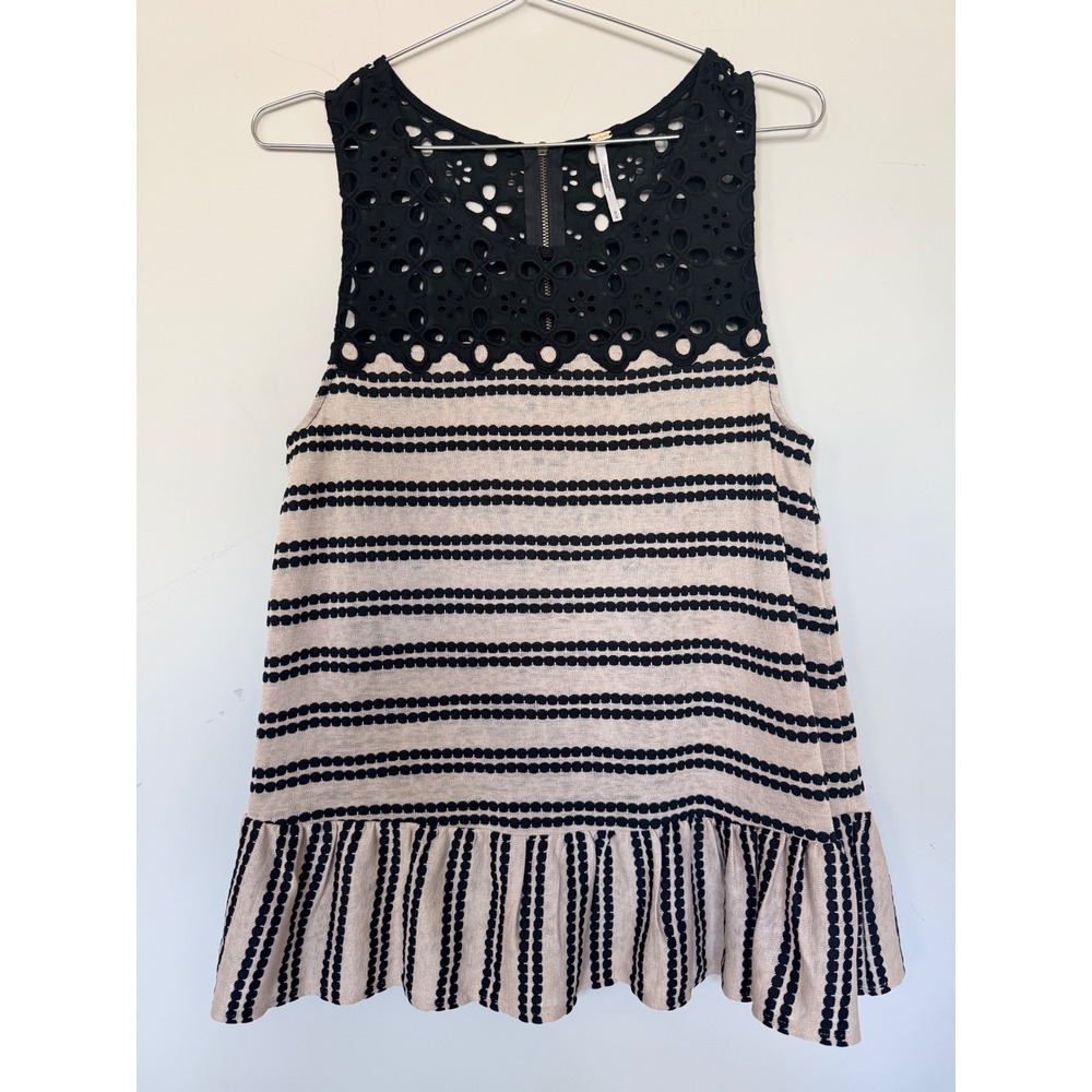 Free People Womens Eyelet Lace Yoke Striped Peplum Tank Top Black Tan Size M‎